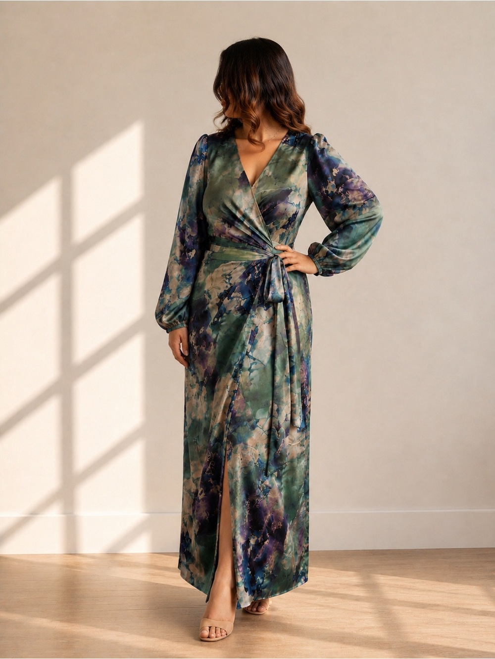 SHEIN Green and Purple Tie-Waist Watercolor Wrap Maxi Dress